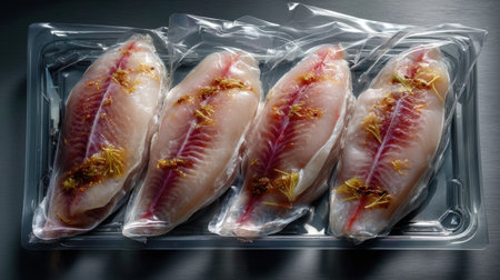 This image features fresh fish fillets vacuum sealed, showcasing pristine quality and vibrant colors, ideal for culinary use and meal preparation.の素材