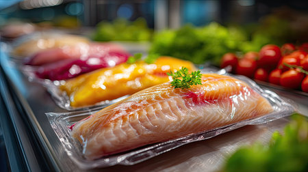 A vibrant display of freshly packaged salmon fillets showcases an array of colors, surrounded by lush vegetables and herbs in a modern market setting.の素材