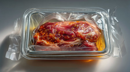 This image showcases fresh marinated meat sealed tightly in vacuum packaging, highlighting spices and marinade for culinary enthusiasts. Perfect for food photography.の素材