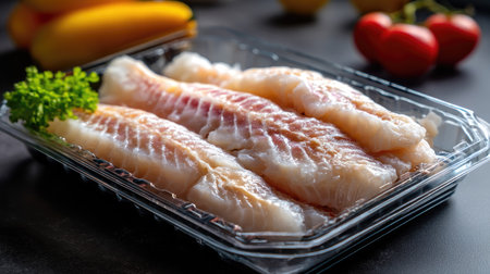 Fresh fish fillets displayed in a clear plastic container with a sprig of green garnish. Ideal for culinary projects, healthy cooking, or food photography.の素材