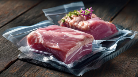 This image features fresh raw meat cuts in vacuum packaging, beautifully displayed on a rustic wooden surface. The meat is accented with herbs, making it perfect for culinary use.の素材
