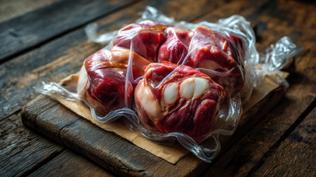 This image showcases fresh raw meat sealed in vacuum packaging, displayed on a rustic wooden cutting board, ideal for culinary projects.の素材