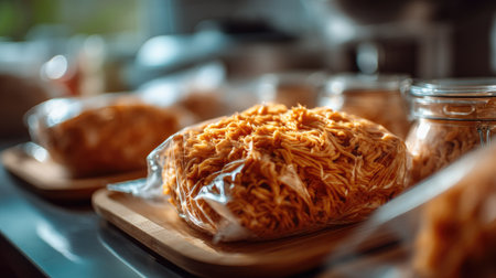 This image showcases fresh noodles beautifully packaged in a bright kitchen environment, inviting culinary creativity and delicious meals. Perfect for food enthusiasts.の素材