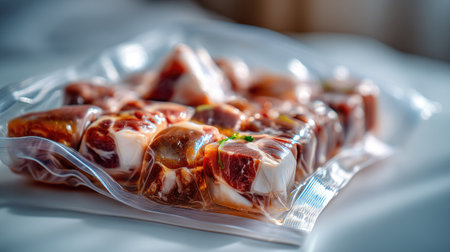 This image features freshly cut meat portions vacuum-sealed in a plastic bag, ideal for maintaining quality and freshness before cooking or freezing.の素材