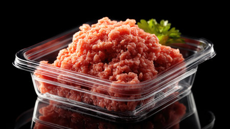 A visually appealing image of fresh ground meat packaged in a clear plastic container, garnished with green herb, perfect for food styling and culinary presentations.の素材