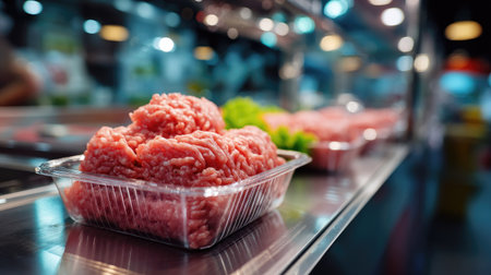 A vibrant display of fresh minced meat in a clear container, showcasing its rich color and texture at a modern market, surrounded by green produce.の素材