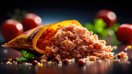 A vibrant close-up of a flavorful dry seasoning mix, spilling from a packet onto a dark surface, with fresh tomatoes and herbs in the background.の素材