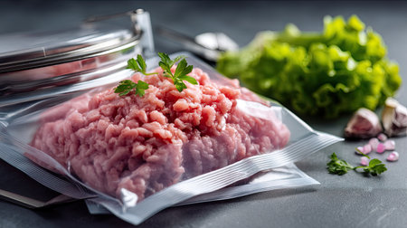 Fresh ground meat sits in a vacuum-sealed bag ready for meal preparation, accompanied by green lettuce and garlic. Perfect for cooking enthusiasts.の素材