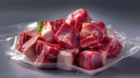 A clean and appealing display of fresh raw beef chunks in clear vacuum packaging, perfect for meal prep and cooking in various recipes.の素材