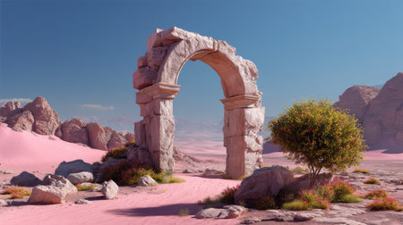 A stunning view of a stone arch in a pink sand desert, surrounded by rocky mountains under a clear blue sky. The scene evokes tranquility and beauty.の素材