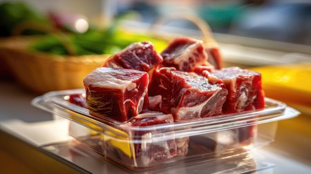 A close-up view of fresh cuts of red meat neatly arranged in a clear plastic container, ready for cooking or meal preparation, showcasing quality and freshness.の素材