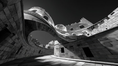 This striking black and white image captures a unique architectural design featuring curving stone walls and historic structures, creating a visually stunning scene.の素材