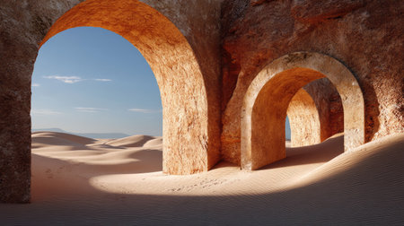 This image captures a stunning contrast between ancient stone arches and the endless sand dunes of a tranquil desert landscape, creating a serene atmosphere.の素材