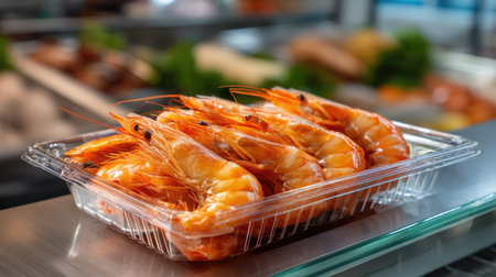 A beautifully arranged display of freshly cooked shrimp in a transparent container, showcasing vibrant colors and appealing textures, perfect for seafood lovers.の素材