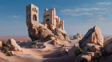 Majestic ruins of an ancient castle stand on a rocky outcrop amidst a serene desert landscape, evoking a sense of history and adventure.の素材