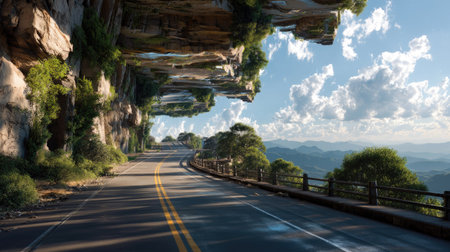 A breathtaking view of a winding mountain road framed by towering rock formations and lush greenery under a clear blue sky, inviting exploration.の素材