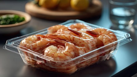 A captivating image of large shrimp packaged in a clear plastic container with lemons and green onions in the background, ideal for culinary projects.の素材