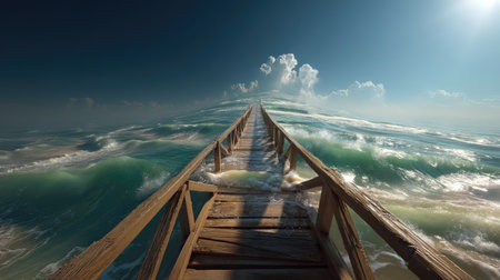 Breathtaking view of a wooden pier leading into a vast ocean, featuring turquoise waves and a stunning blue sky adorned with fluffy clouds.の素材
