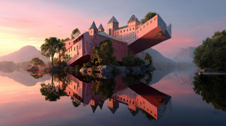 A stunning surreal image of a floating castle at sunset, reflecting beautifully in calm water, surrounded by lush greenery and majestic mountains in the background.の素材