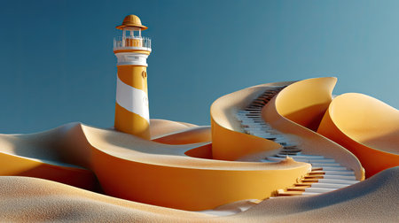 This captivating image showcases a whimsical lighthouse surrounded by flowing sand dunes, creating a surreal and dreamlike atmosphere filled with vibrant colors.の素材