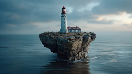 This captivating image features a serene lighthouse situated on a rocky island, surrounded by calm waters and a misty sky at dusk. Perfect for travel themes.の素材