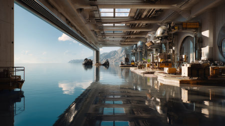 This image captures a futuristic industrial dock featuring modern machinery and calm waters, with stunning mountainous scenery in the background, showcasing innovation and serene architecture.の素材