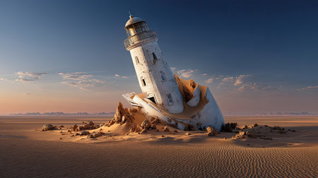 A breathtaking view of a tilted lighthouse standing alone in a vast desert with golden sand dunes, under a serene sunset sky and distant peaks.の素材