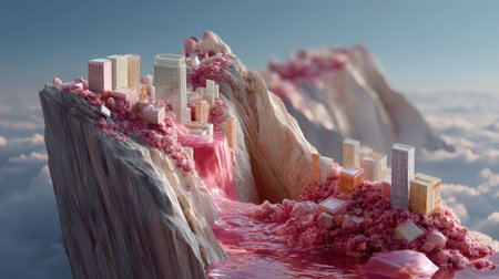 An imaginative scene showcases candy-like mountains with a vibrant waterfall flowing through a whimsical city. A dreamlike atmosphere invites exploration.の素材