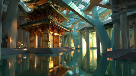 This captivating scene features a golden temple elegantly rising from tranquil waters, surrounded by modern architecture. The light reflects beautifully off the surfaces, creating a serene and harmonious atmosphere perfect for themes of spirituality and culture.の素材