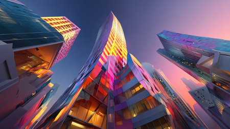 This stunning photograph captures a unique perspective of modern architecture, showcasing vibrant colors and reflections against the twilight sky.の素材