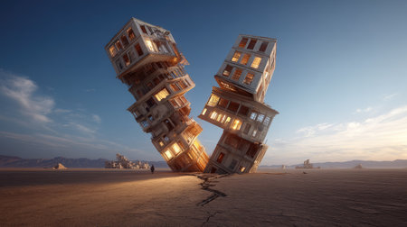 A captivating image of two surreal leaning buildings set against a dramatic desert sunset, showcasing unique architectural design and intriguing shadows.の素材