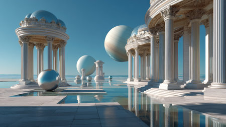 This stunning digital artwork features classical architecture with soaring columns amidst floating spheres, all reflected in calm water under a clear blue sky.の素材
