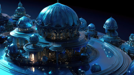 This stunning image showcases intricate blue architecture with domes and futuristic structures set in a dreamlike landscape, evoking a sense of imagination and artistry.の素材