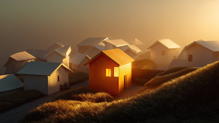 A picturesque village featuring modern houses bathed in warm sunlight, surrounded by lush grass, creating a serene atmosphere at sunrise.の素材