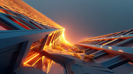 A captivating view of modern architecture illuminated by a mesmerizing sunset. The unique angle showcases vibrant colors and intricate geometric lines, bringing creativity to urban design.の素材