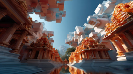 This stunning architectural scene showcases vibrant orange temples amid a clear blue sky. Abstract cloud structures hover overhead, reflecting beautifully in the calm water below, creating an inspiring atmosphere.の素材
