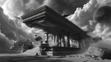 A stunning depiction of architectural ruins surrounded by ethereal clouds and floating elements, creating a surreal and dreamlike atmosphere.の素材