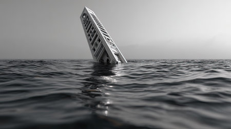 This striking image captures a tilted structure partially submerged in calm waters, evoking feelings of solitude and mystery in a monochrome landscape.の素材