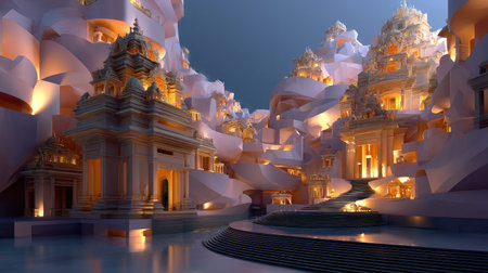 This enchanting image showcases a surreal landscape filled with intricate architecture and soft glowing lights, inviting the viewer into a dreamlike universe.の素材