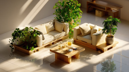 Bright and inviting living room featuring unique wooden pallet furniture, soft cushions, and vibrant indoor plants creating a cozy atmosphere.の素材