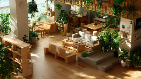 This indoor space showcases a modern living area filled with lush plants, natural wood furniture, and warm sunlight, creating a perfect retreat for relaxation and inspiration.の素材