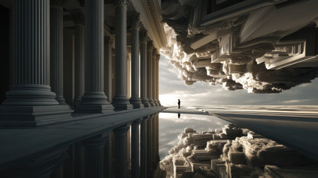This stunning surreal image features grand columns supporting an ethereal scene, where dramatic cloud formations reflect beautifully on tranquil waters, evoking a sense of calm and wonder.の素材