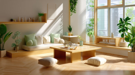 This image showcases a serene living room filled with natural light, elegantly adorned with green plants and minimalist decor to create a tranquil environment.の素材
