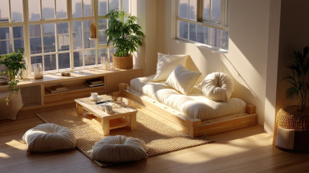 This serene and cozy living room features a minimalist design with soft, plush cushions and warm wooden furniture, illuminated by natural light streaming through large windows.の素材