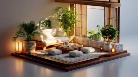 A serene indoor garden featuring elegant Japanese-style seating, abundant greenery, and soft lighting. Ideal for a relaxing and tranquil living space.の素材