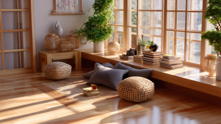 A serene living space bathed in natural light, featuring lush indoor plants, cozy cushions, and a minimalist design perfect for relaxation and tranquility.の素材