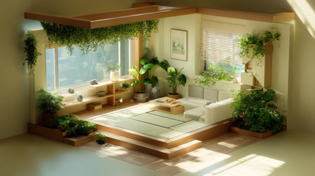 A tranquil indoor living space filled with lush greenery and natural light, designed for relaxation and comfort. Soft tones and modern decor create a calming atmosphere.の素材