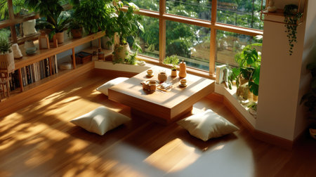 Experience a tranquil indoor environment filled with natural light and lush greenery, featuring a cozy wooden tea setup with soft cushions.の素材