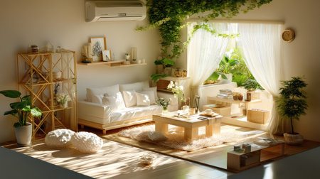 A beautifully arranged living room bathed in natural light, featuring warm tones, elegant furniture, and lush greenery. Perfect for a serene and inviting atmosphere.の素材