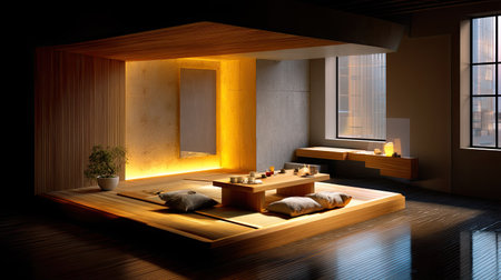 This serene interior features a minimalist living space designed for relaxation, showcasing warm lighting and natural elements for a tranquil atmosphere.の素材